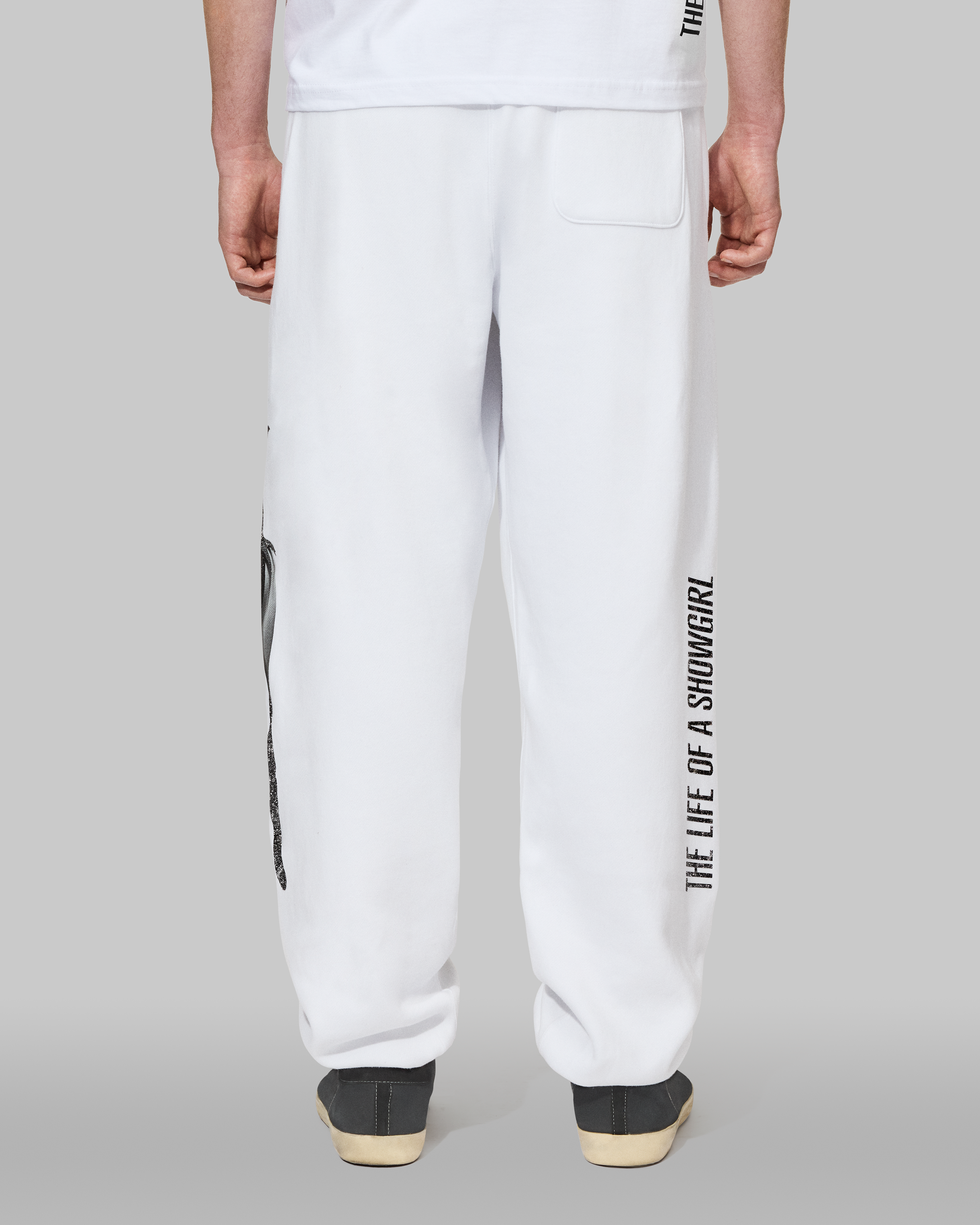 The Life of a Showgirl Shiny Bug White Sweatpants 5