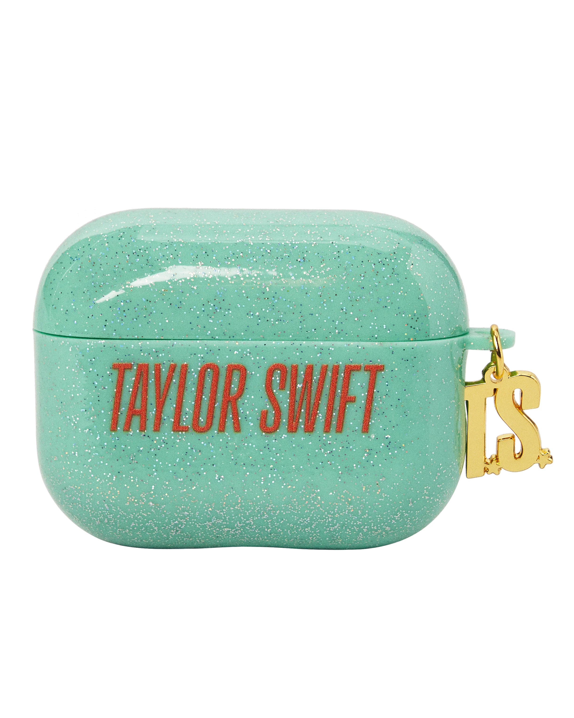 Mint green glittery case with 'Taylor Swift' text and gold charm 