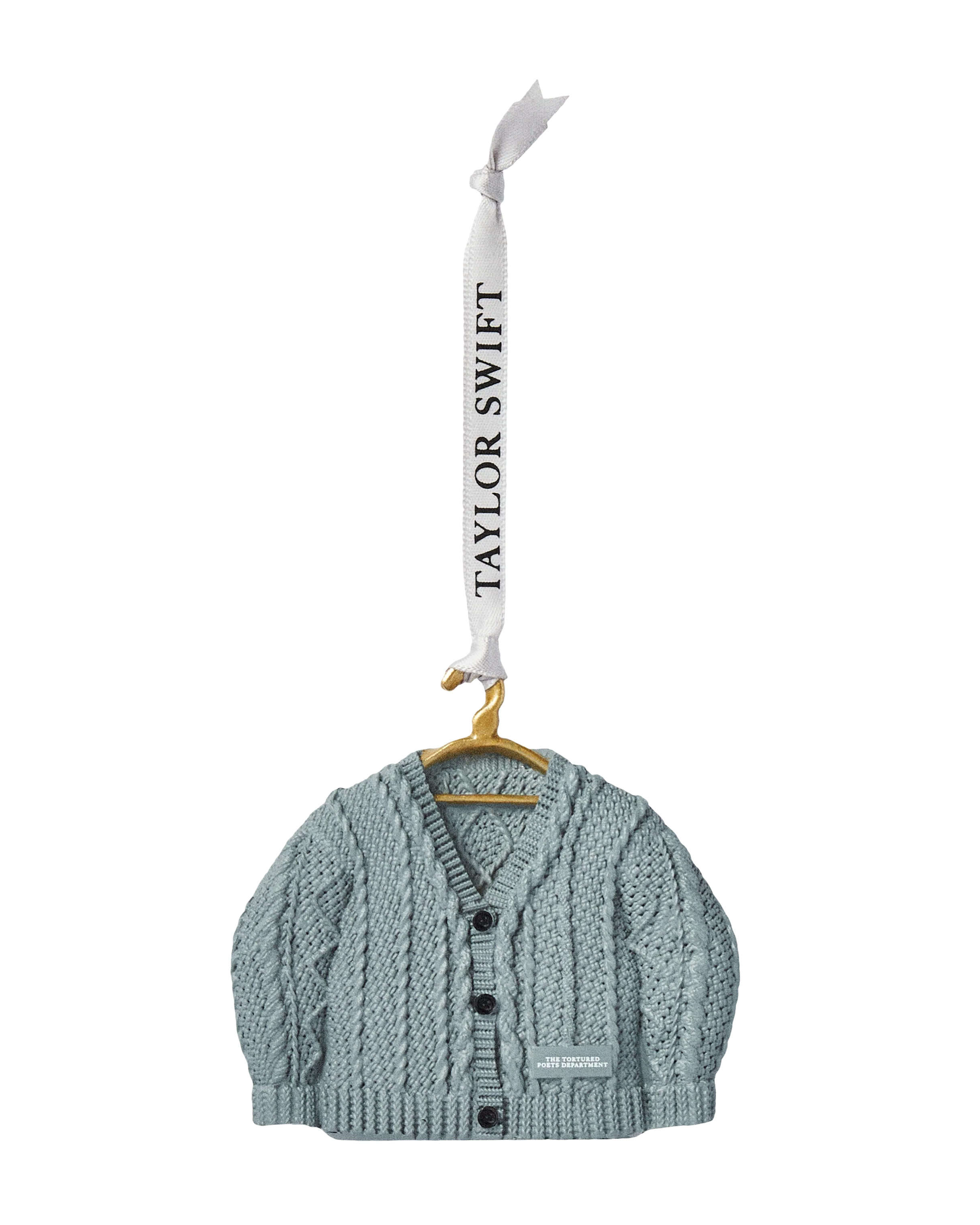 Grey knitted cardigan on a hanger with 'Taylor Swift' branding ornament