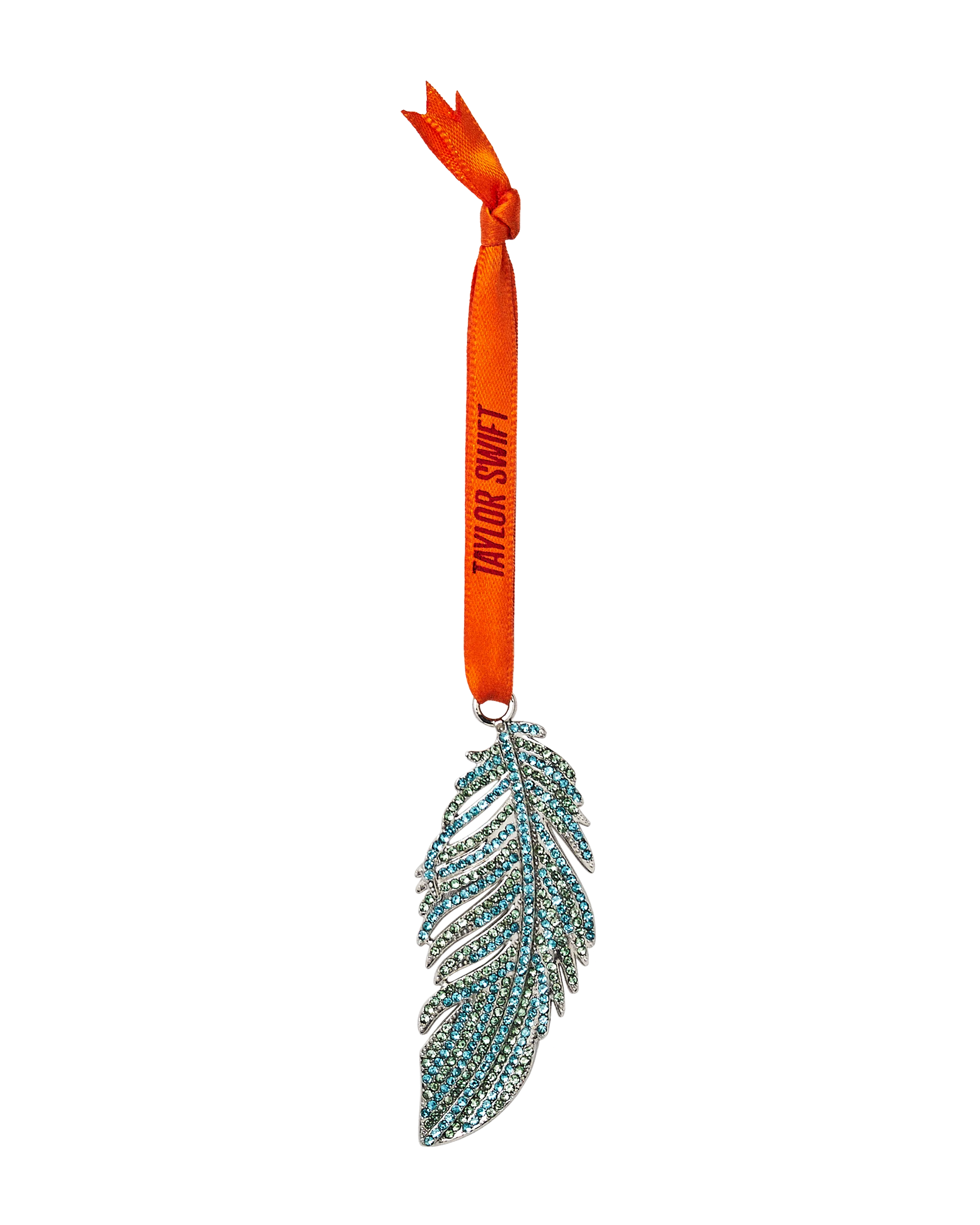 Decorative feather ornament with an orange ribbon featuring 'Taylor Swift' 