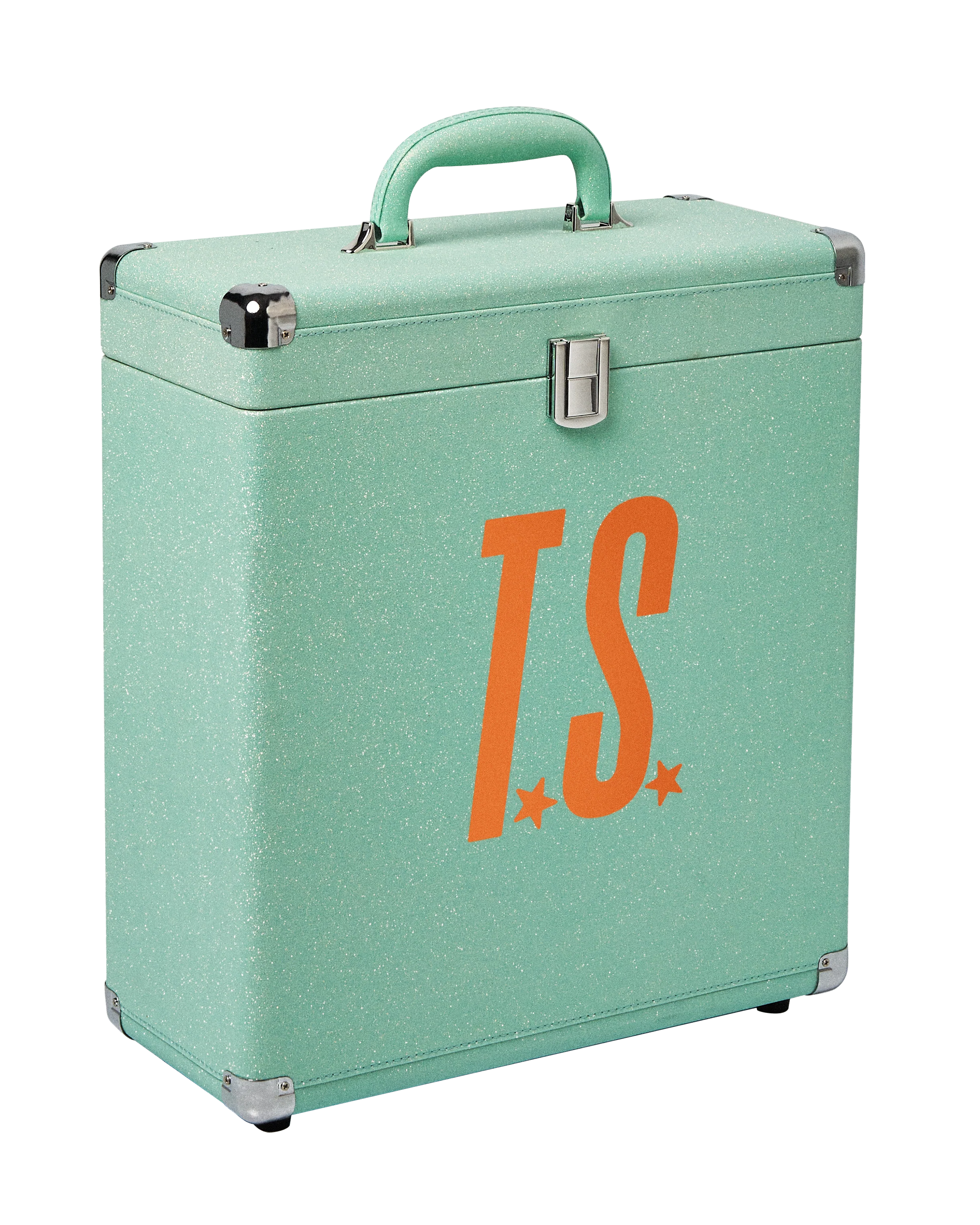 Mint green suitcase with 'T.S.' logo on a white background