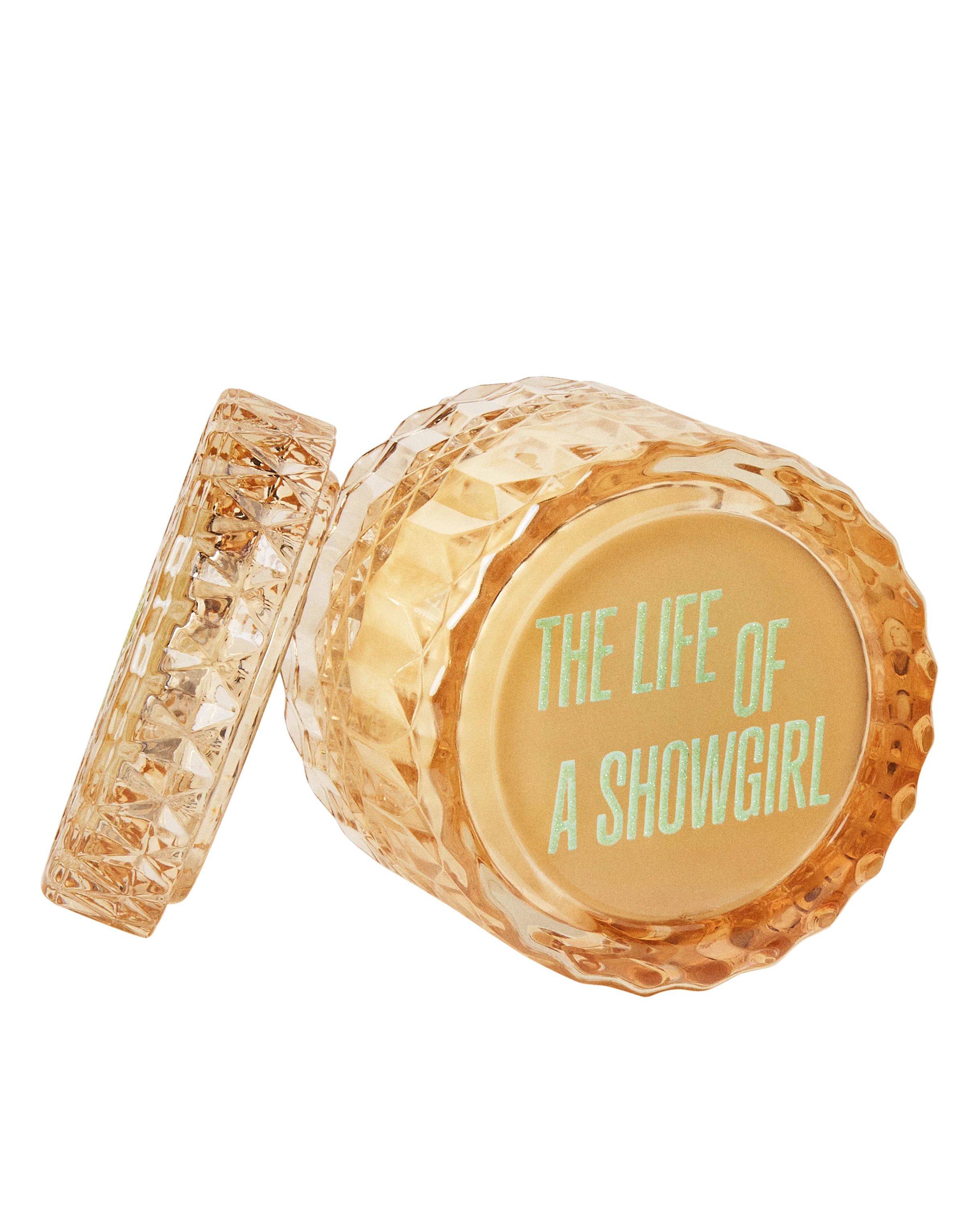 candle with 'The Life of a Showgirl' text on a white background