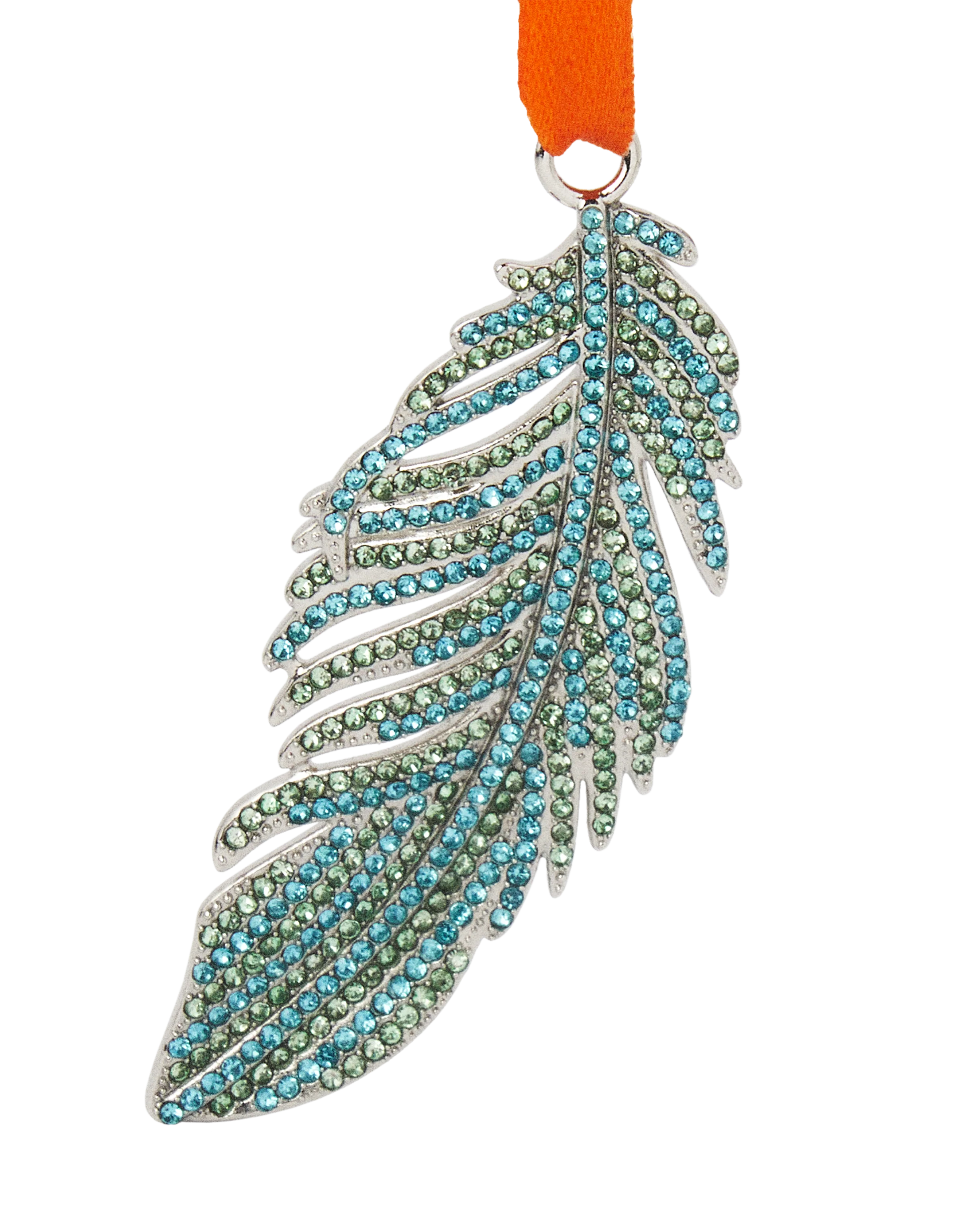 Decorative feather ornament with blue and green gemstones on an orange ribbon 