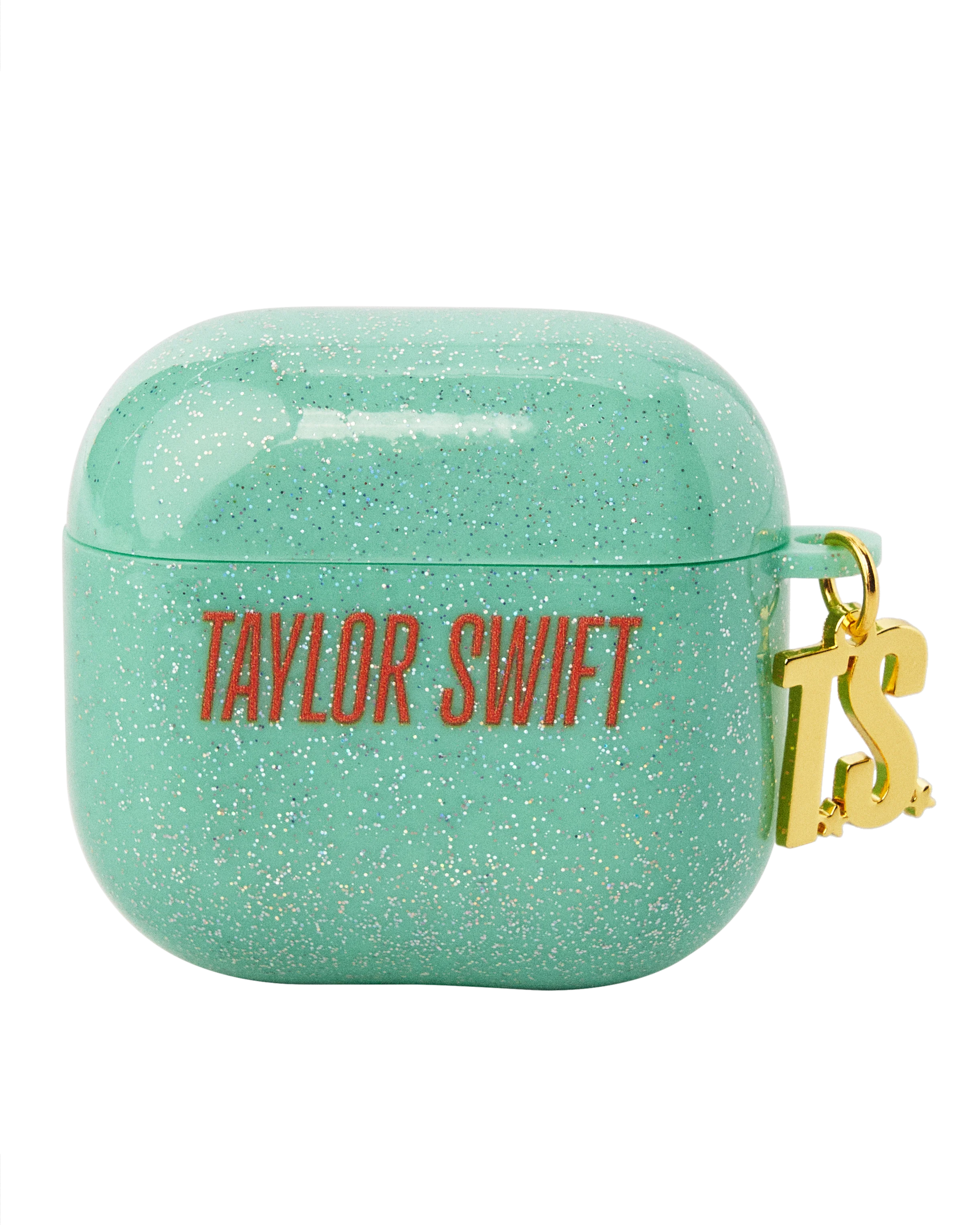 Green glittery earpod case with 'Taylor Swift' text and gold charm