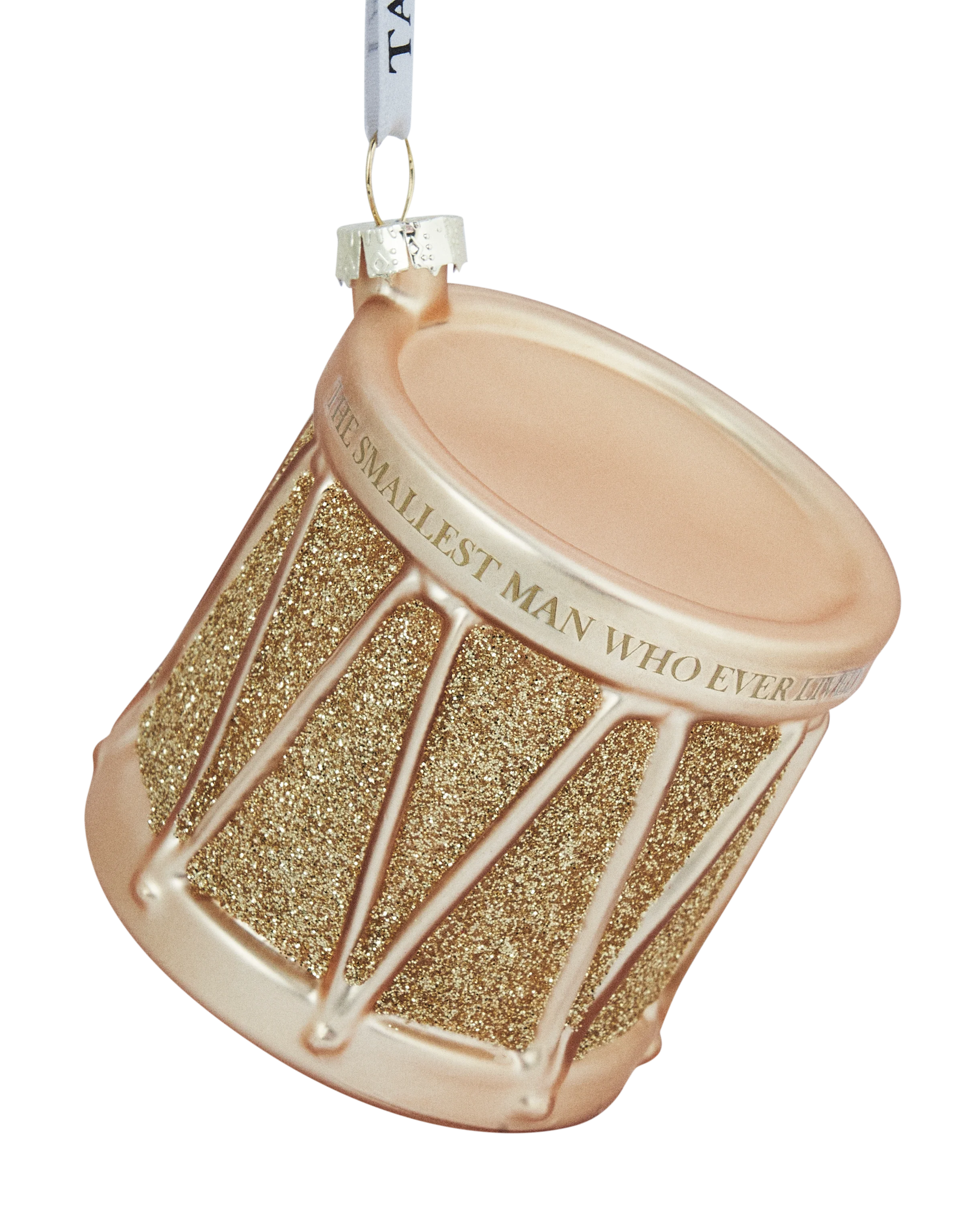 Decorative ornament shaped like a small drum with gold glitter and text