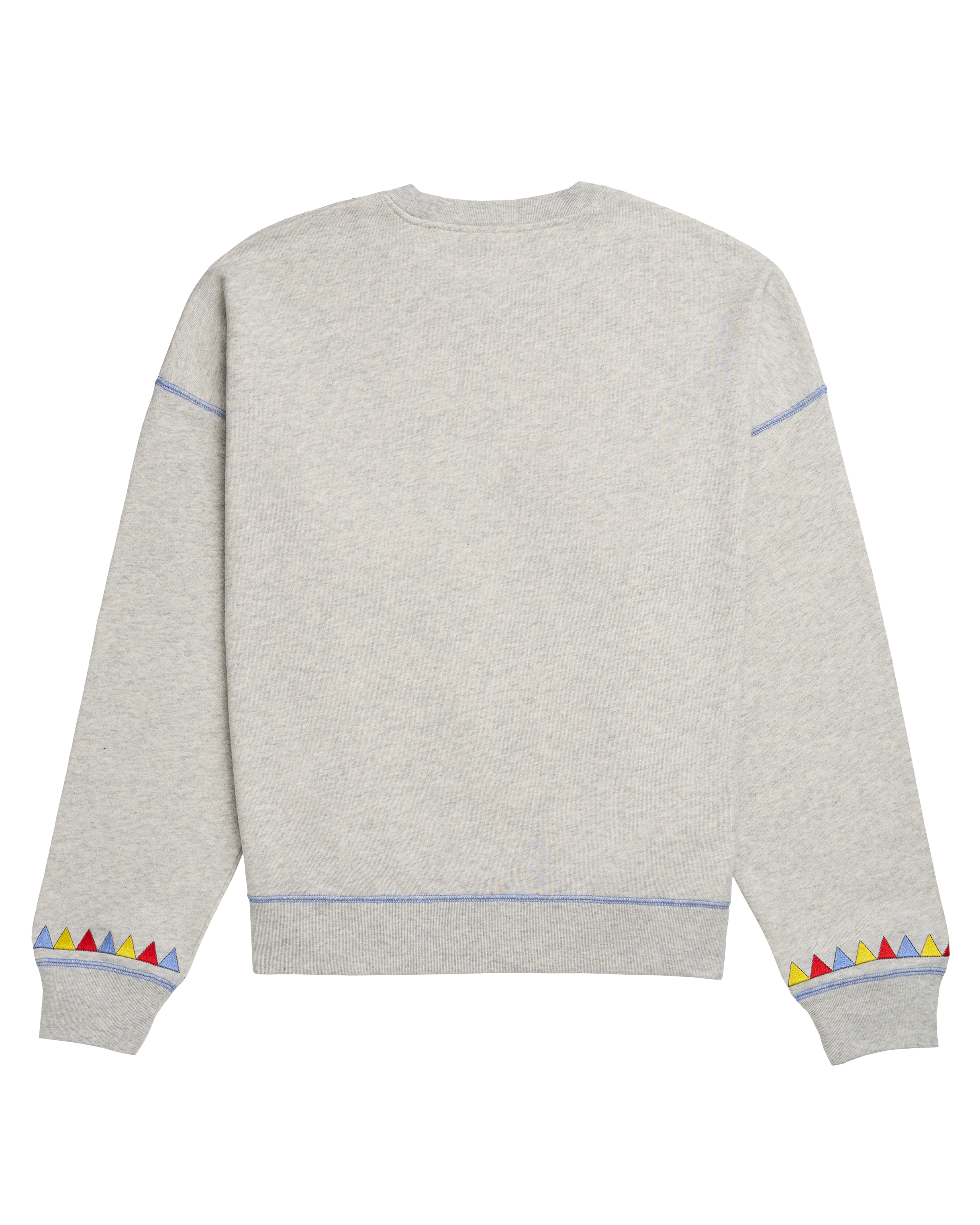 Gray sweatshirt with colorful trim on sleeves and bottom hem