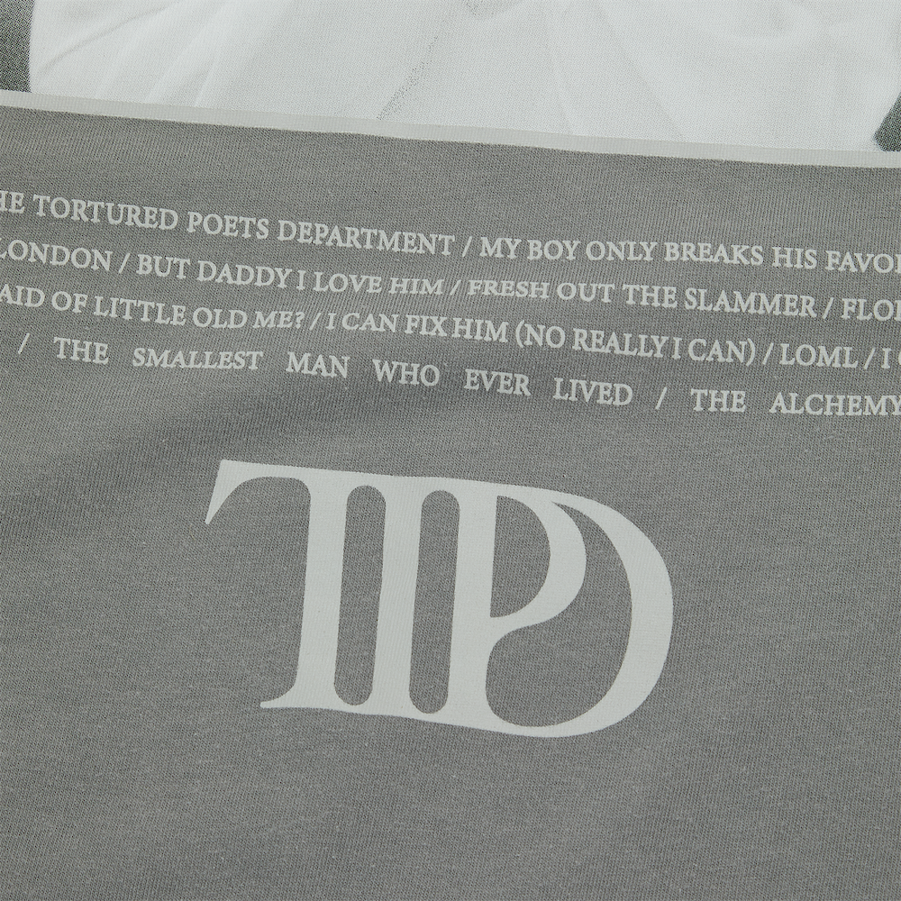 The Tortured Poets Department Gray Photo Long Sleeve T-Shirt Back Print Close Up