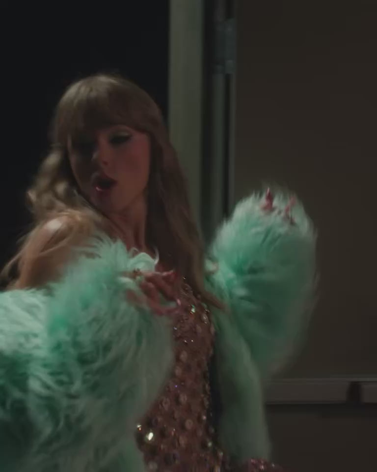 The Life of a Showgirl Mint Faux Fur Coat 2 gif