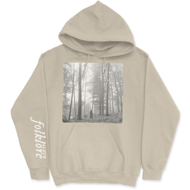 the “in the trees" tan hoodie front